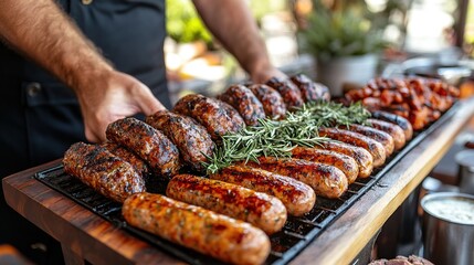 Grilled sausages on a wooden board