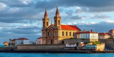 Fototapeta premium San Pedro church, Gij?n, dramatic Atlantic coastline Historic architecture, Bay of Biscay, Asturias, Spain, seascape, Spain