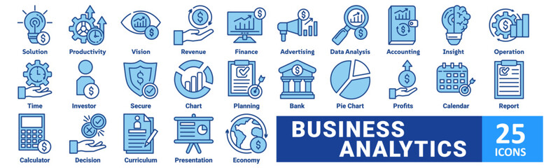 Fototapeta premium Business Analytics icon set. with icon solution, productivity, vision, revenue, finance, advertising, data analysis, accounting, insight, operation, time, investor, secure, chart, planning, bank 