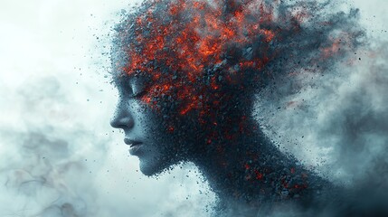 Abstract person with triangular fragments, mental overload and burnout.