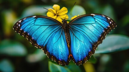 Vibrant blue butterfly on yellow flowers