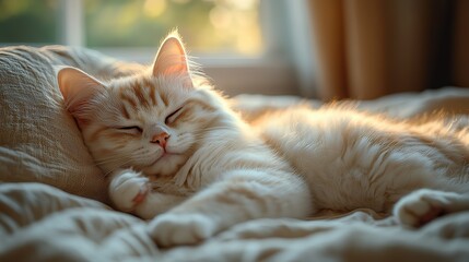 Adorable white cat sleeps in sunlight, enjoying peaceful rest in a cozy atmosphere.