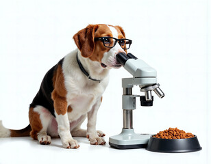 Clever Canine Scientist: A smart beagle, sporting eyeglasses, peers intently into a microscope beside a bowl of food, embodying the curiosity of science and research.