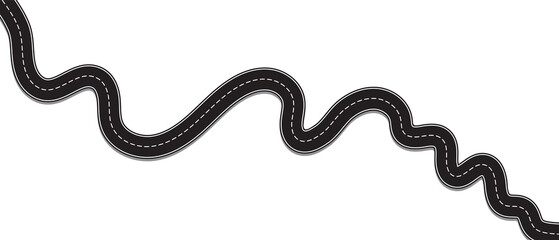 Very winding road with S shape and white dotted lines on transparent background