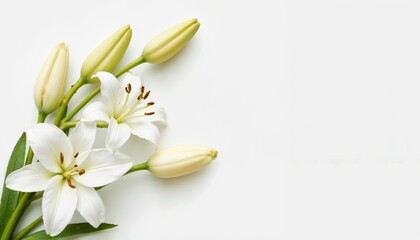 Fototapeta premium Elegant white lilies with green leaves and buds on a clean white background