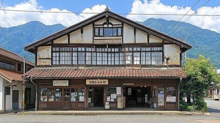 Naklejka premium Historic train station building with traditional Japanese architecture