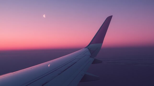 Airplane Wing Over Purple Sky at Sunset