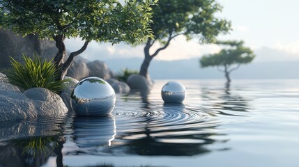 Serene water reflection with metallic spheres tranquil nature scene artistic landscape