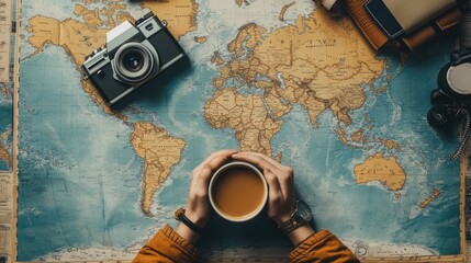 Coffee Break Before Adventure: Planning a Journey on a World Map