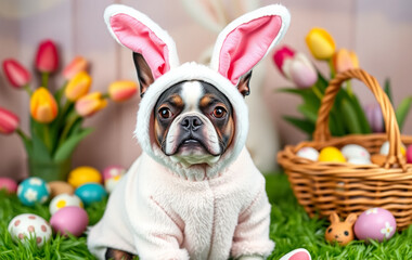 A charming Boston Terrier wearing an adorable Easter Bunny costume, featuring a fluffy white jumpsuit, pink bunny ears, and a tiny carrot-shaped accessory.