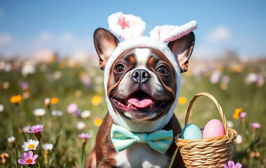 A charming Boston Terrier wearing an adorable Easter Bunny costume, featuring a fluffy white jumpsuit, pink bunny ears, and a tiny carrot-shaped accessory.