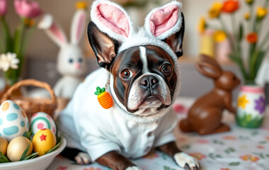 A charming Boston Terrier wearing an adorable Easter Bunny costume, featuring a fluffy white jumpsuit, pink bunny ears, and a tiny carrot-shaped accessory.