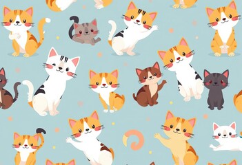 Obraz premium Adorable cartoon cats in playful poses form a repeating seamless vector pattern , graphic, cat