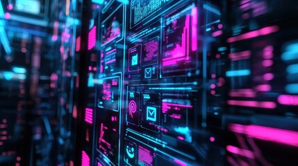 Computer screen displaying a pink and blue background with a holographic social media user interface projected in mid-air