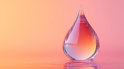 Obraz premium Against matching background, clear liquid drop with pointed top reflects pink & orange gradient.
