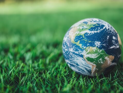 earth day awareness green energy action, A globe resting on green grass symbolizes environmental awareness and global unity.