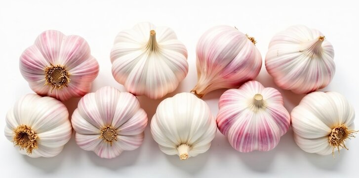 Fresh garlic bulbs arranged neatly on white background, spice, cooking