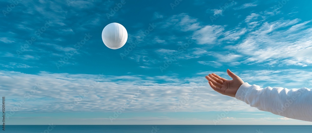 Canvas Prints a serene beach scene with a hand reaching out to a floating ball against a backdrop of blue sky and 