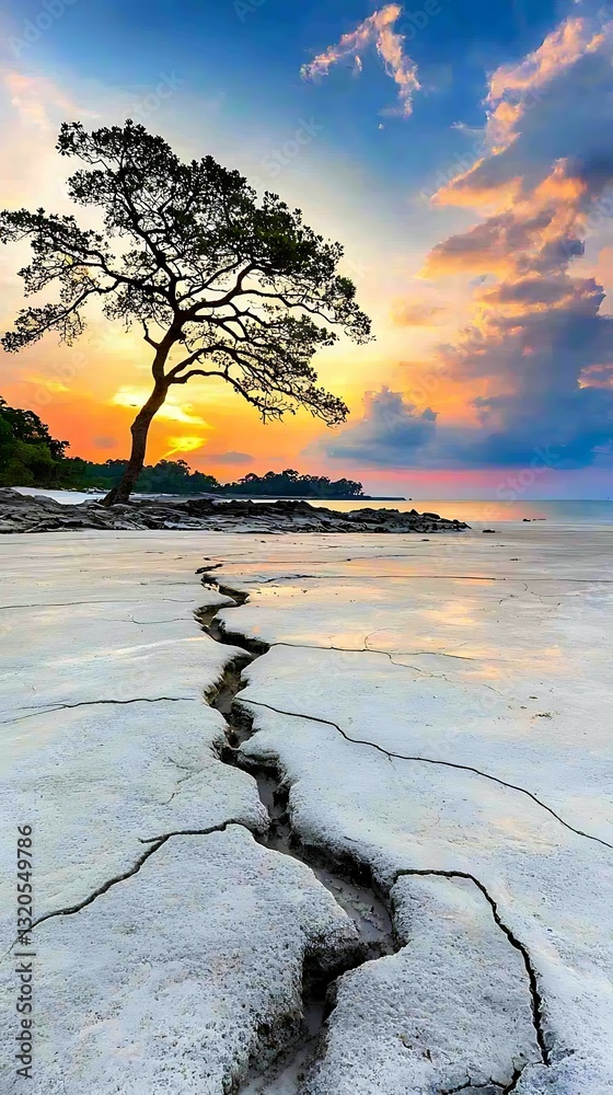 Wall mural a solitary tree stands against a vibrant sunset, casting shadows on cracked earth by the water's edg