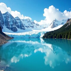 Fototapeta premium Frozen blue glacier lake surrounded by snow-capped mountains, winter, ice