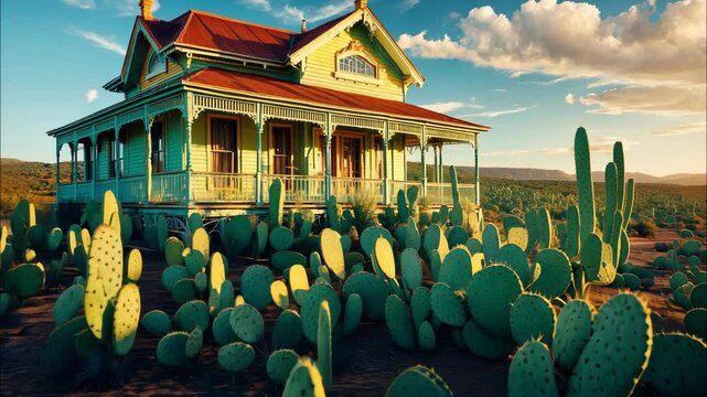 Charming Queenslander Home Surrounded by Lush Cacti in the Golden Hour