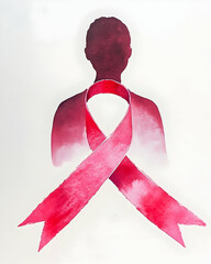 Watercolor painting of a pink ribbon for cancer awareness with a woman's silhouette.