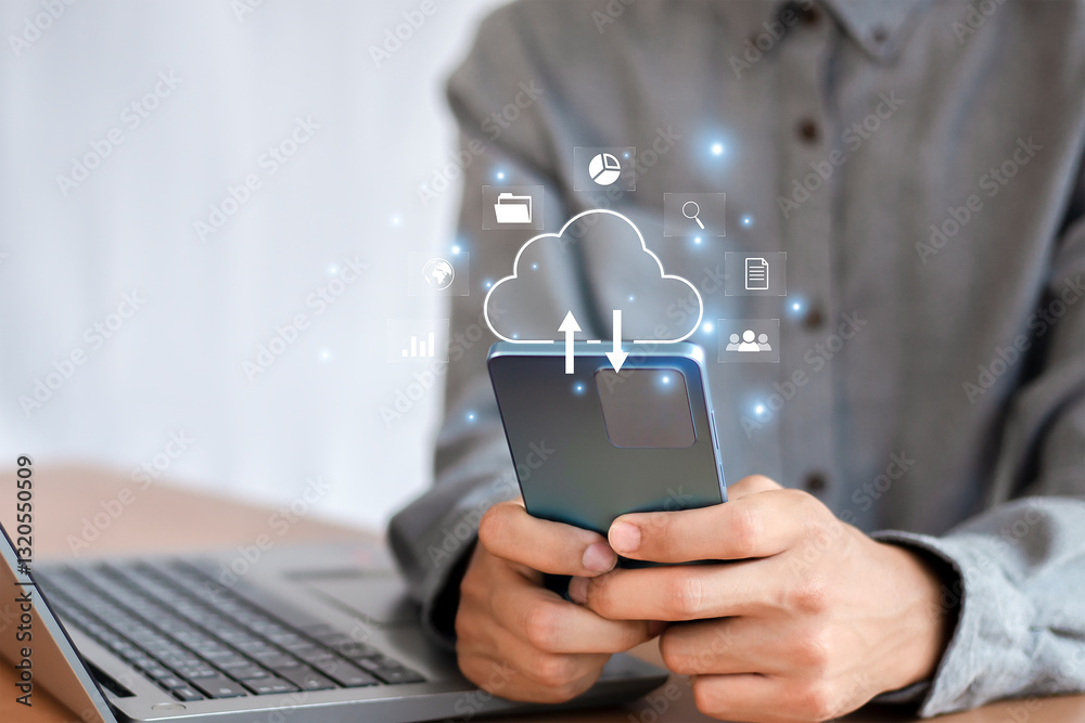 Wall mural cloud computing shown in hand cloud technology data storage, data transfer, network and internet ser