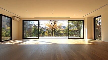 Obraz premium Modern spacious home interior with large glass walls showcasing a garden view