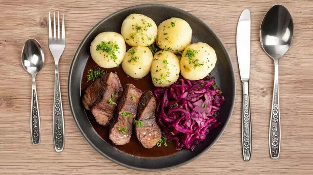 Traditional German Sauerbraten with Braised Red Cabbage  - looped 4к video