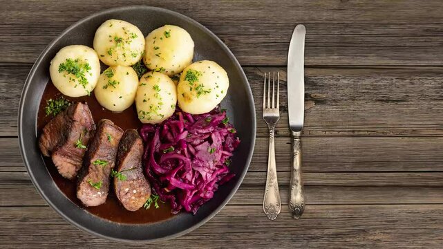 Traditional German Sauerbraten with Braised Red Cabbage  - looped 4к video