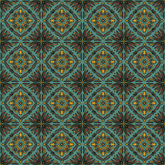 Ethnic colorful doodle texture in beige, gold and brown on dark green colors. Tracery in Mehndi style. Curved doodling background.