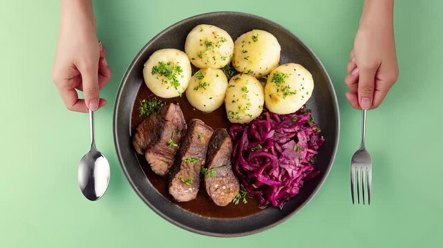 Traditional German Sauerbraten with Braised Red Cabbage  - looped 4к video