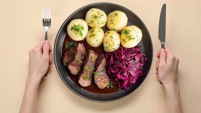 Traditional German Sauerbraten with Braised Red Cabbage  - looped 4к video