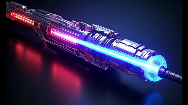 Glowing Laser Blaster and Neon Sword with High-Energy Futuristic Battle Aesthetics
