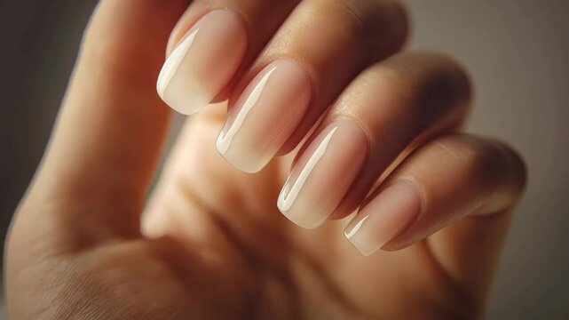 Professional french manicure presenting glossy, well manicured fingernails featuring smooth white pink gradient highlighting elegant nail styling