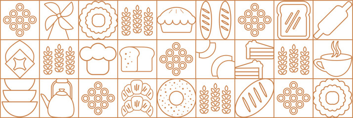 Abstract bakery menu background with line drawing. Geometric pattern bread, croissant, donut. Bakery line pattern.