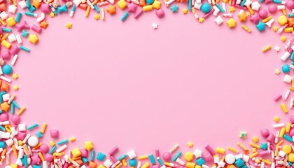 Obraz premium Pastel sprinkles form a festive border around a pink background, leaving central copy space Sugar dots and stars complete the design, dots, stars