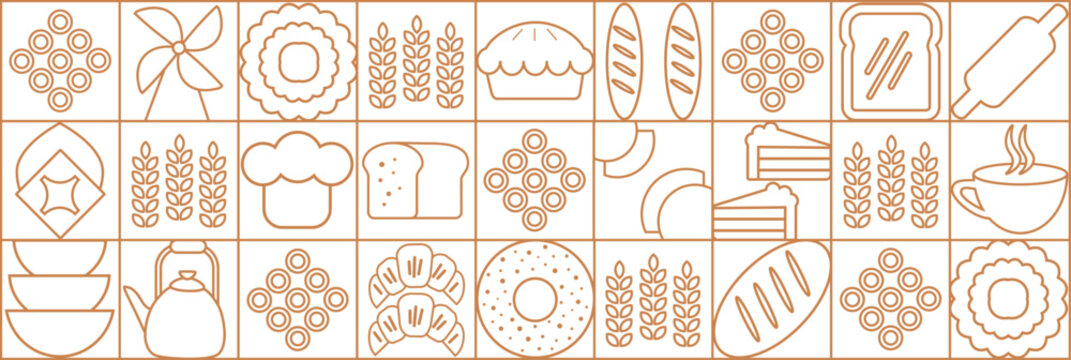 Abstract bakery menu background with line drawing. Geometric pattern bread, croissant, donut. Bakery line pattern.