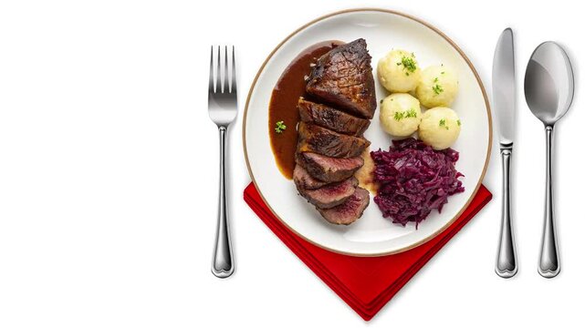 Traditional German Sauerbraten with Braised Red Cabbage  - looped 4к video
