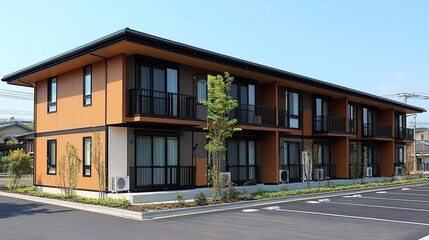 Fototapeta premium Modern apartment building exterior with balconies and parking