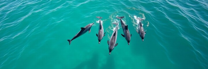 Fototapeta premium Pod of dolphins frolicking in turquoise sea, seen from above, turquoise water, ocean, marine animals