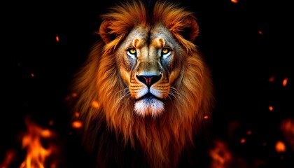 Fototapeta premium Majestic Lion Portrait with Fiery Background Powerful Animal Image