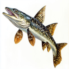 Naklejka premium Illustration of the Northern Pike swimming, soft watercolor tones, white background, detailed illustration, cartoonish.