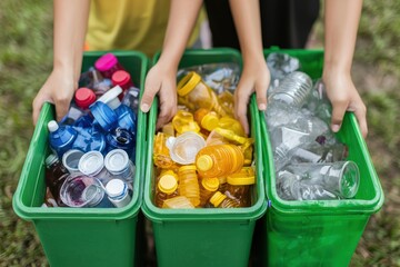 earth day awareness recycling education, People sorting recyclable bottles into green bins outdoors.