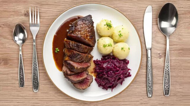 Traditional German Sauerbraten with Braised Red Cabbage  - looped 4к video