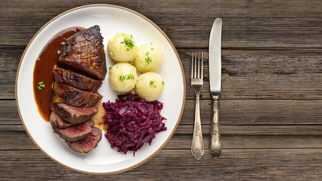 Traditional German Sauerbraten with Braised Red Cabbage  - looped 4к video