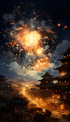 Fototapeta premium Fireworks Display in Ink Art Style