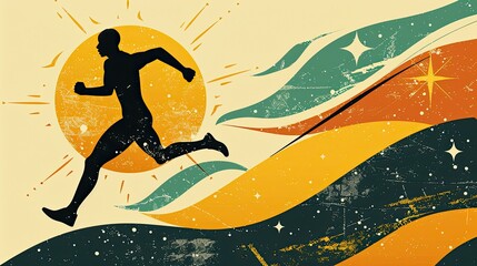 Vintage vector poster of an athlete running with sun rays and stars
