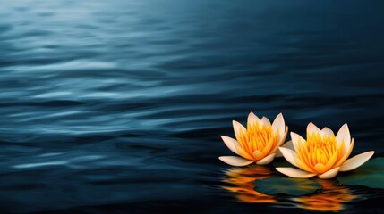 Two vibrant yellow water lilies float serenely on a calm, dark blue water surface, creating a peaceful and tranquil scene.