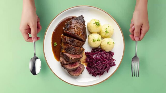 Traditional German Sauerbraten with Braised Red Cabbage  - looped 4к video